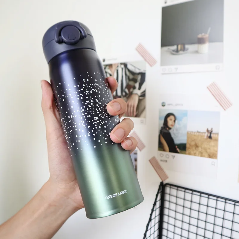 Korean Trend Starry Sky Gradient Water Cup Harajuku Straight Stainless Steel Thermos Bottle Male and Female Student Couple Cup - Цвет: green