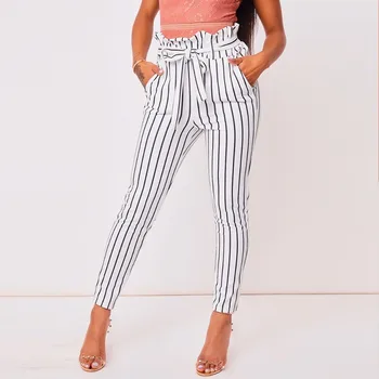 

2019 New Female Summer Fashion Pencil Trousers Women High Waist Ankle Length Pants Skinny Striped Pants Ruffles Casual Belt