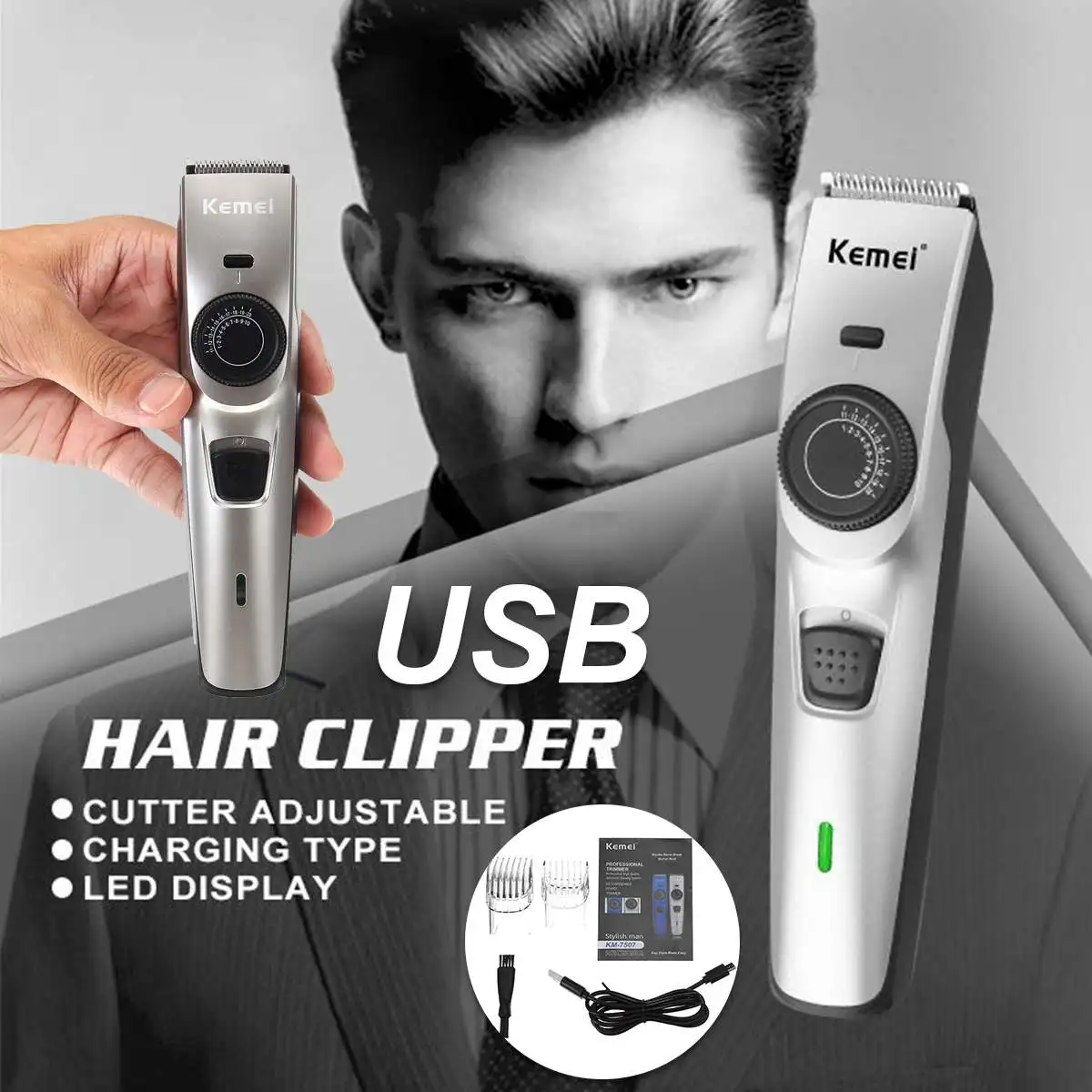 

Kemei Professional Hair Clipper LED USB Rechargeable Cordless Clipper Adjusted Shaver Electric Cutter Hair Cutting Machine