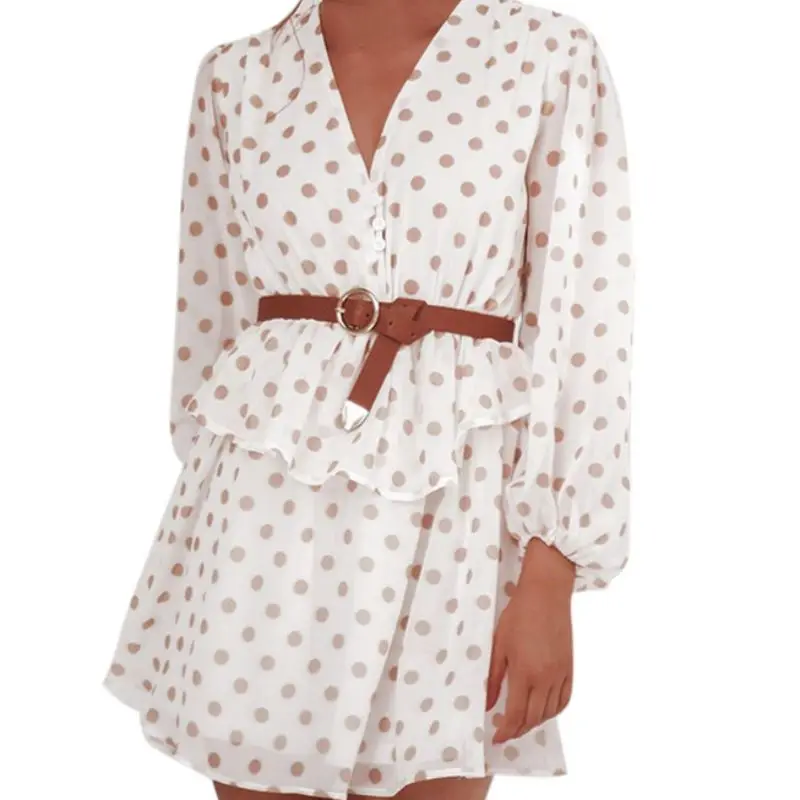 

Elegant Polka Dot See Through Chiffon Vintage Dresses Women Autumn Long Sleeve V neck Beige Beach Party Mini Sundress
