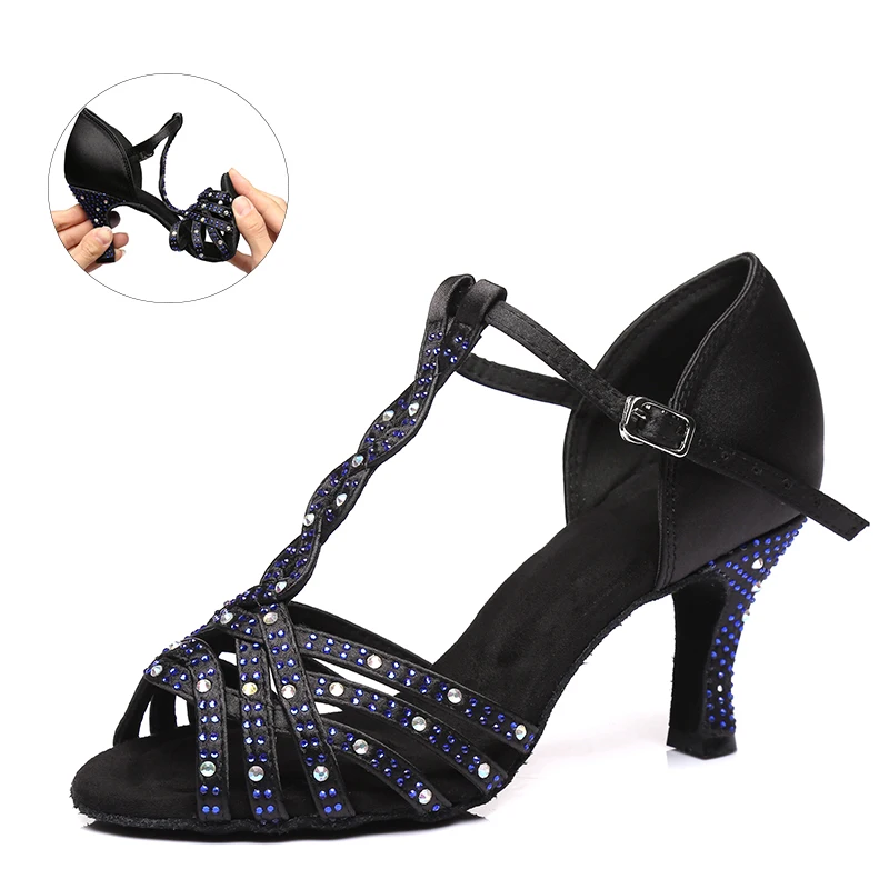 Women Rhinestone Black Ballroom Latin Dance Shoes Girls Soft Bottom