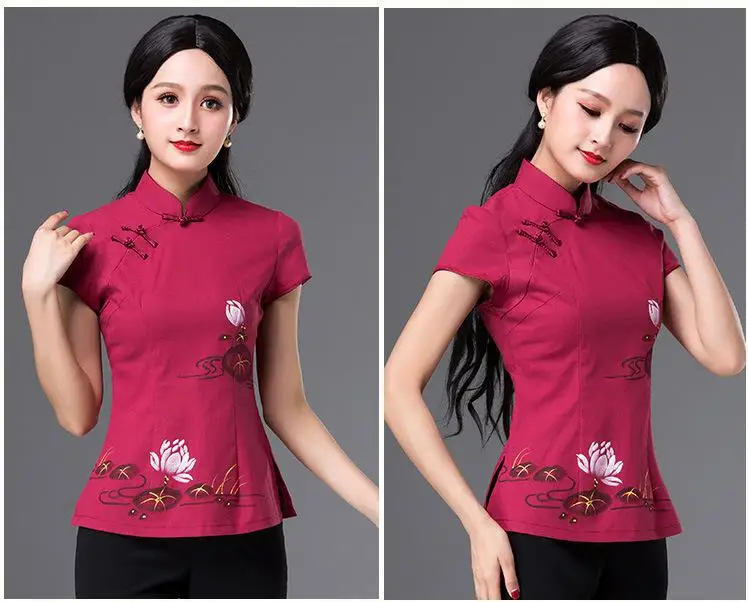 Хлопковая льняная тонкая приталенная винтажная китайская рубашка Cheongsam с пуговицами в виде лягушки, женская летняя Этническая футболка с коротким рукавом