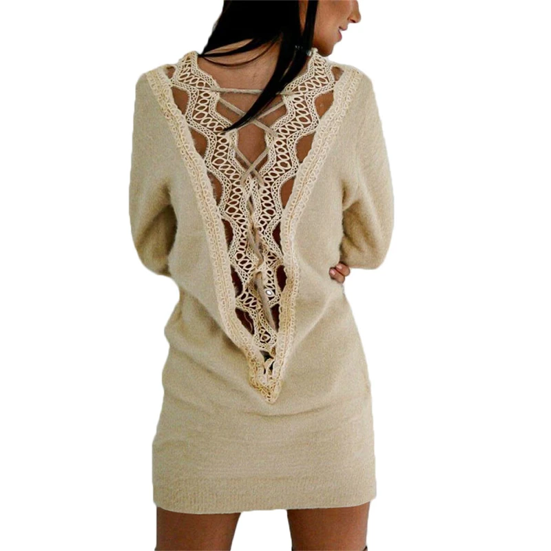 

2020 Women Dress Backless Bodycon Dresses Loose Long Sleeve Sweater Dresses Casual Long Sleeve Jumper Knitted Tops Woman Dress