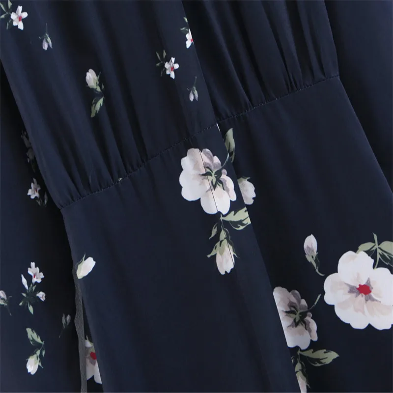 Summer Za Blue Office Woman Dress 2020 Long Sleeve Floral Maxi Dresses O-neck Pleated Gathered Waist Ladies Draped Dress Vintage