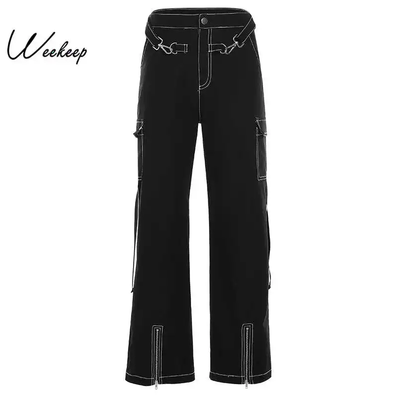 

Weekeep Pockets Patchwork Cargo Pants Women High Waist Streetwear Straight Trousers Women Black Fashion Pants 2019