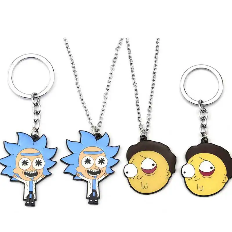 

Anime Rick and Morty Cosplay Prop Accessories Metal Keychain Key Ring Necklace Pendant Jewelry