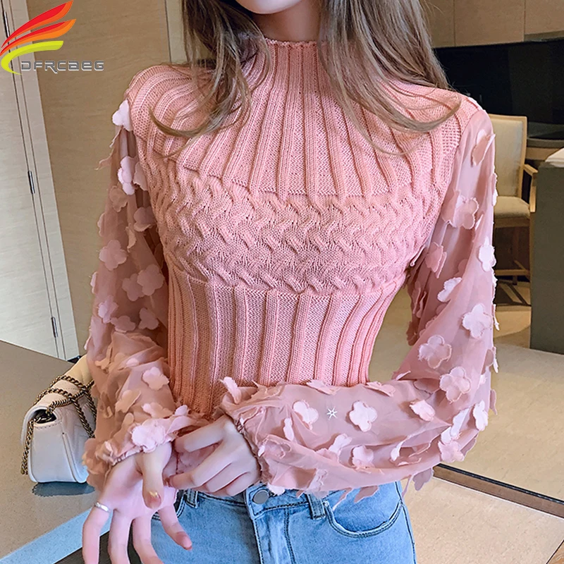 New 2020 Autumn Winter Women's Sweaters Turtleneck Mesh Patchwork Knitwear Long Sleeve Ladies Tops Pullover Pink Crop Sweater