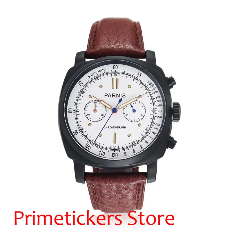

PVD coated case 44mm PARNIS white dial 24 hours chronograph quartz movement mens watch