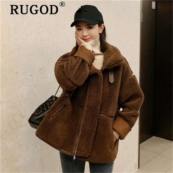 RUGOD модное флисовое пальто для женщин Элегантный Воротник-стойка длинный рукав негабаритная уличная Женская винтажная зимняя теплая куртка - Цвет: Коричневый