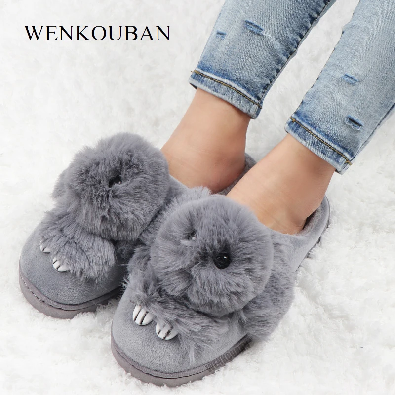 

Winter Women Slippers Indoor Fur Slides Ladies Cute Rabbit Slippers Warm Home Plush Bunny Fluffy Slippers Pantuflas De Mujer