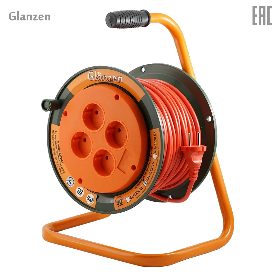 Удлинитель силовой на катушке GLANZEN 4 гн. ПВС 2х1 30м ЕВ 30 004 2500Вт|Сетевые шнуры и