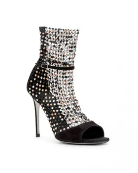 

Woman Galaxia Sandal Strass 105 Black Suede Open-toe Sandal Mesh Insert Crystals Slender Toe Strap Ankle Strap Shoes
