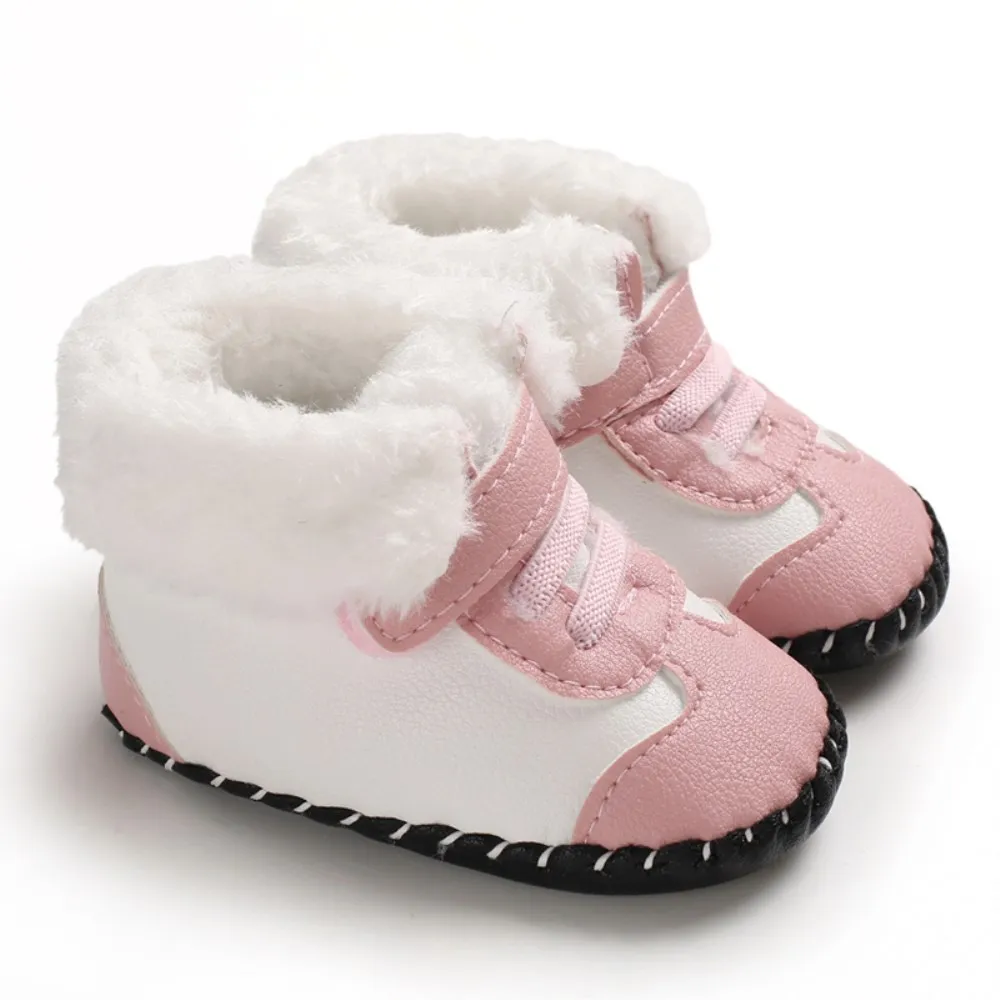 Детские Зимние теплые ворсистые ботинки унисекс; ботильоны на сплошной подошве туфли для младенцев из флиса; теплая нескользящая обувь для маленьких мальчиков; для маленьких детей из искусственной кожи женская обувь на плоской подошве; на возраст от 0 до 18 месяцев - Цвет: Розовый