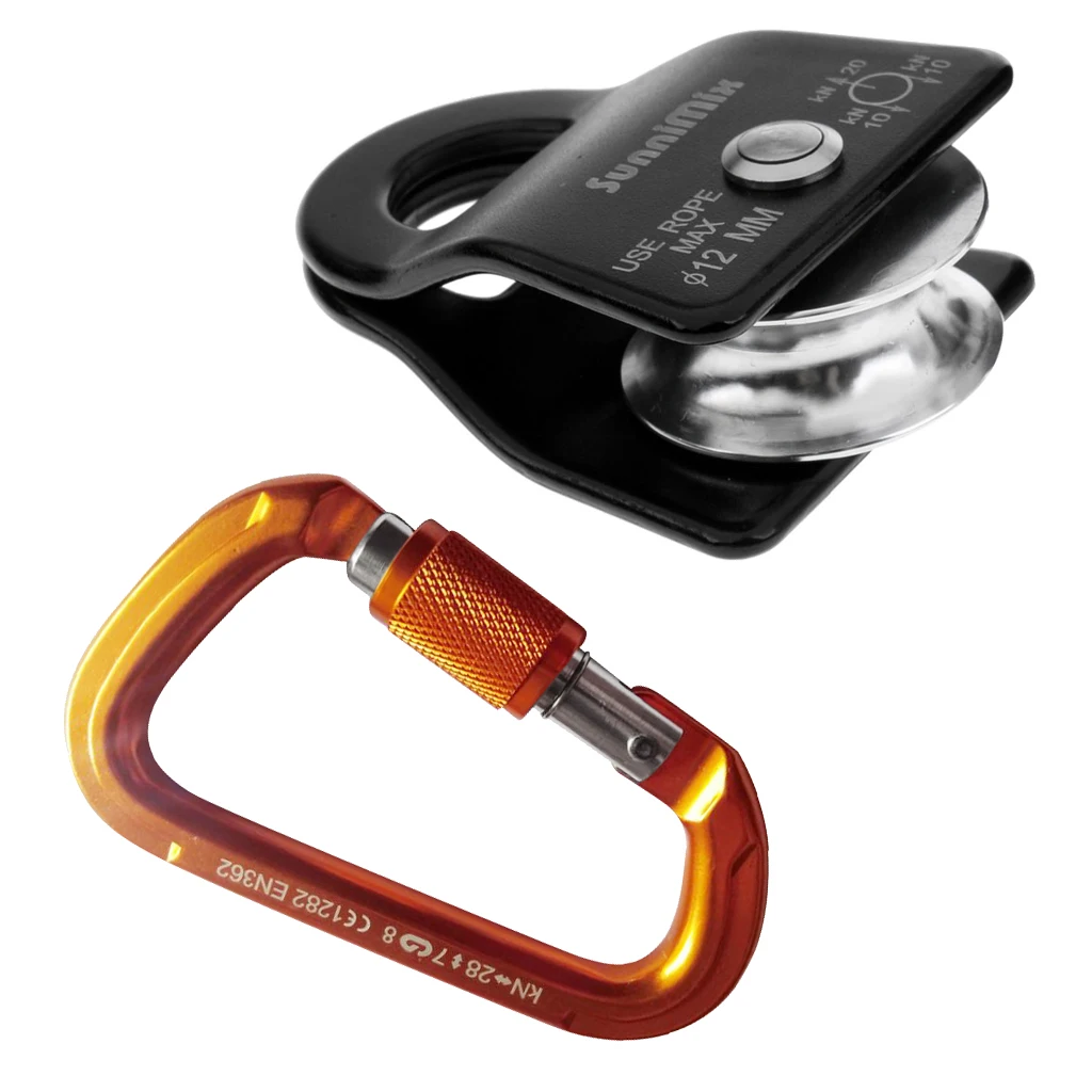 

Outdoor Rappelling Rock Climbing 28KN Screw Lock Carabiner Gold + 20KN Mobile Pulley Black for 12mm Rope Climbing Accessories