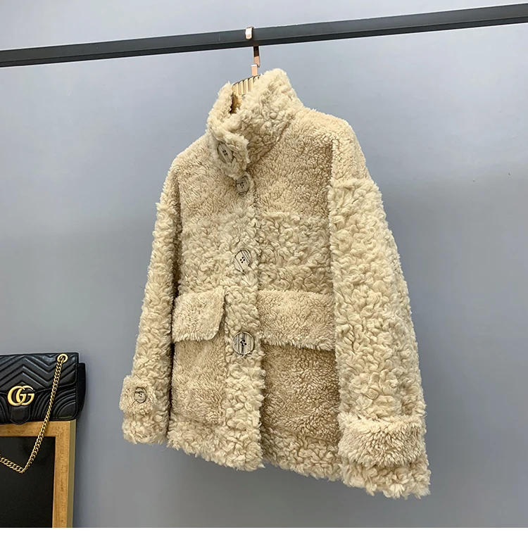Sheep Sheared Jackets Winter Women Female Real Lamb Fur Single Breasted Coat New Calorie Roll Stand Collar Streetwear