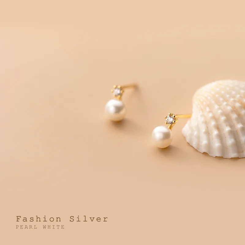 WANTME Genuine 925 Sterling Silver Geometric Zircon Pearl Mini Small Stud Earrings for Women Chic Charming Korean Jewelry 2021