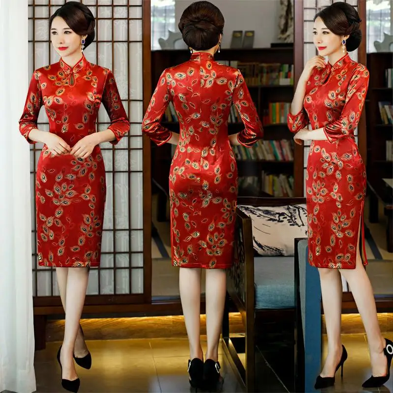 Элегантное китайское женское свадебное платье Cheongsam большого размера 3xl 4xl, сексуальное тонкое женское темно-синее платье Qipao с цветочным принтом Vestidos - Цвет: red 3