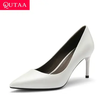 

QUTAA 2020 Genuine Leather Concise Office Women Pumps Pointed Toe Thin High Heel Slip on Classic Single Shoes Black Size 34-39