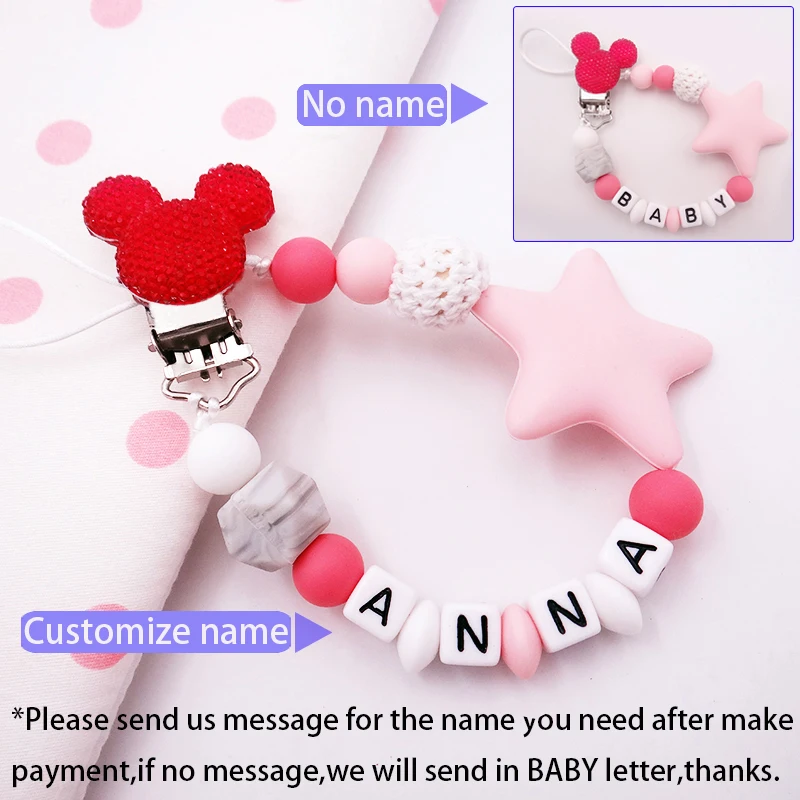 Pacifier Clip Mouse Head Style Handmade Personalized Name Silicone Attache Infant