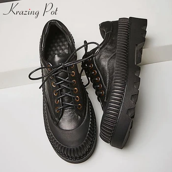 

Krazing Pot cow leather lace up punk rock style waterproof balck color rivets sneaker round toe platform vulcanized shoes L22