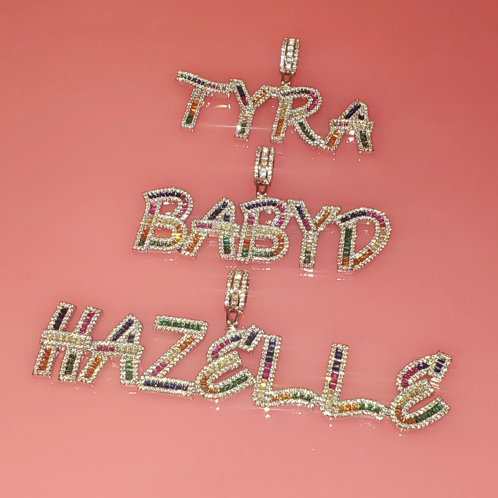 Bling Icy Square Cut Baguette Multi-Colors Zirconia Letters Custom Name Pendant Iced Out Colorful Initial Name Necklace