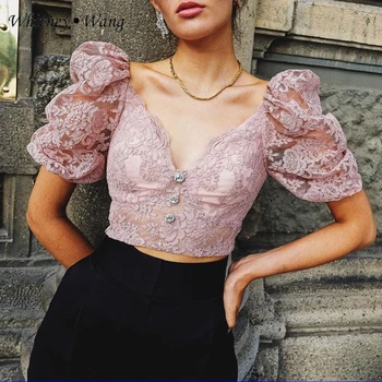 

WHITNEY WANG Blouses 2020 Summer Fashion Streetwear Sexy See Through Embroidery Lace Top Women Blouse Lady Blusas Shirt