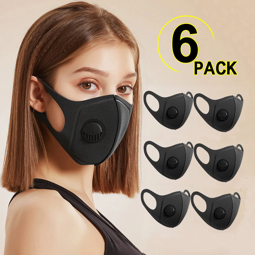 6PC PM2.5 Breathable Black Face Mask Printed Masks Fabric Protective Dust Mouth Cover With valve Washable Reusable | Аксессуары для