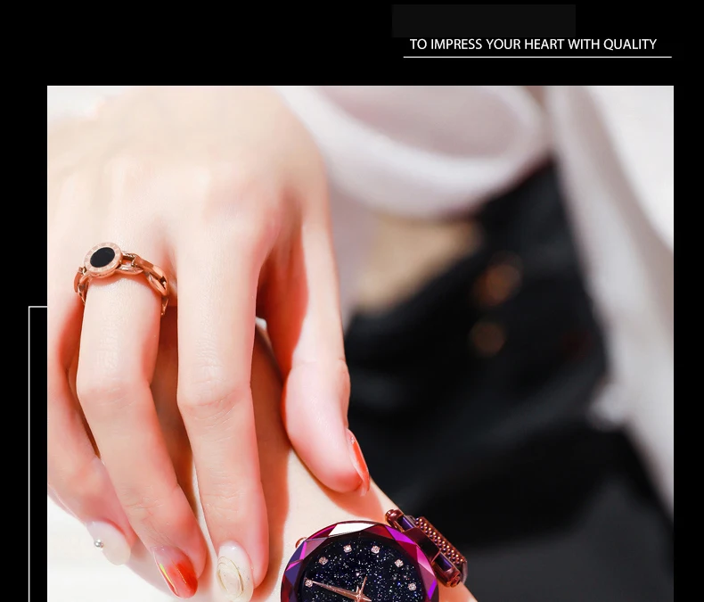 Women Rose Gold Mesh Magnet Buckle Starry Quartz Wrist Watch Sadoun.com