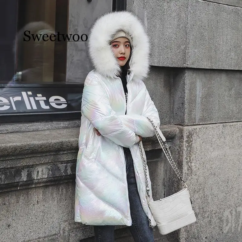 

2019 Winter New Cotton Jacket Female Long Over The Knee Glossy Fashion Loose Large Fur Collar Warm Cotton Coat White
