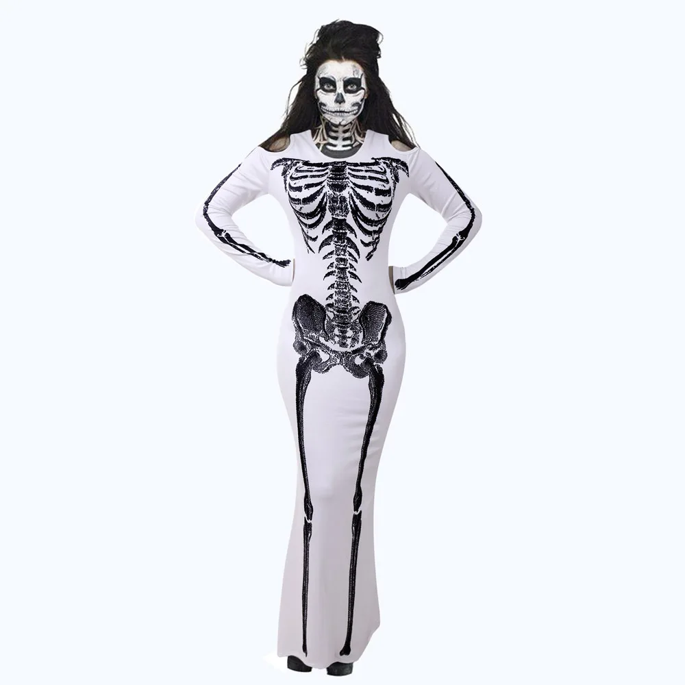 Ужасный Скелет принт длинное платье Хэллоуин Косплей Костюм женское с вырезами