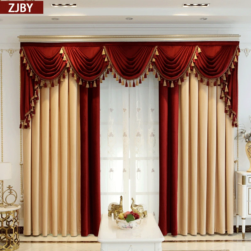 

Custom curtain thick luxury shading velvet living room villa yellow red cloth blackout curtain valance tulle panel C241
