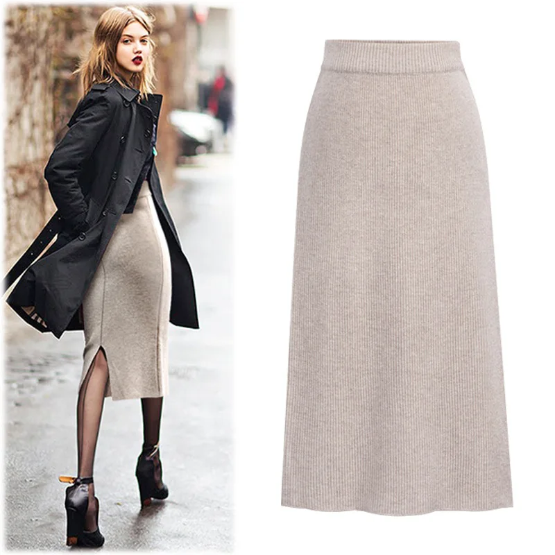 

Knitting Winter Long Skirts Women Plus Size 5XL 6XL High Waist Solid Split A Line Warm Package Hip Mid Calf Slim Fit Casual 2019