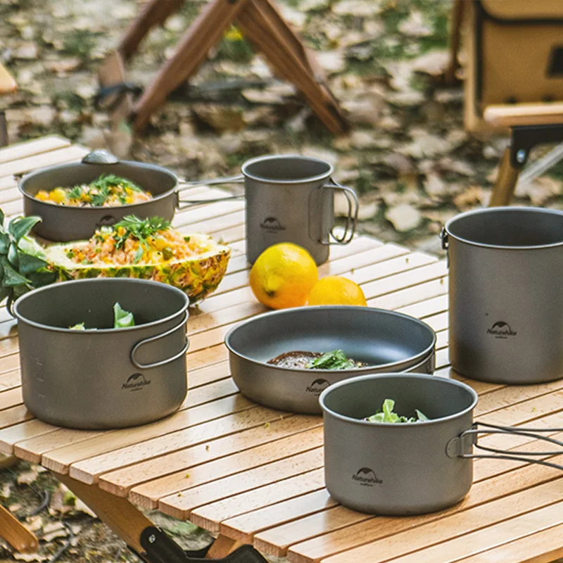 Naturehike Lightweight High Strength Titanium Cookware Outdoor Camping Pot Portable Frying Pan Self-cleaning Function Cookware