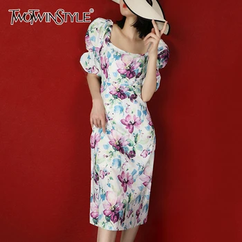 

TWOTWINSTYLE Casual Print Summer Dress Women Square Collar Lantern Short Sleeve High Waist Hit Color Dresses For Female 2020 New