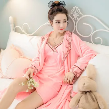

2019 Autumn Plus Size 2PCS Sexy 6535 Cotton Robes Sets Nightgowns for Women Long Sleeve Night Dress Sleepwear Bathrobe Two Piece