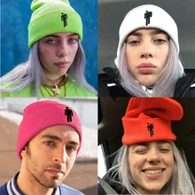 Billie Eilish, вязаная шапка с вышивкой, ворсистая флуоресцентная шапка, женская шапка с помпоном, зимние шапки для женщин, наушники с единорогом