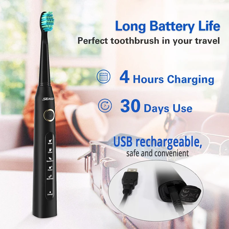 Seago SG507B Sonic Electric Toothbrush Adult Timer Brush USB Rechargeable Electronic Tooth Brush Heads Replacement Holder Gift Electric Toothbrush