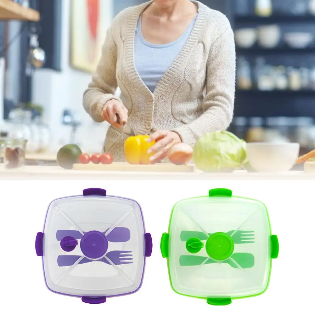 

Lunch Container Salad Bowl BPA-Free Plastic Double-layer Separated Lunch Box Square Fruit Tray Sauce Jar Reusable Fork Spoon