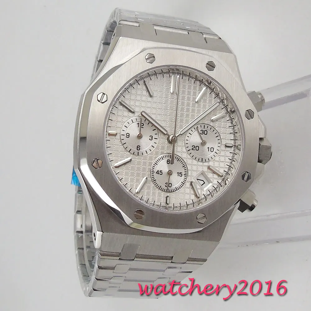 

42mm Parnis white dial Stainless date full chronograph quartz men's Watch