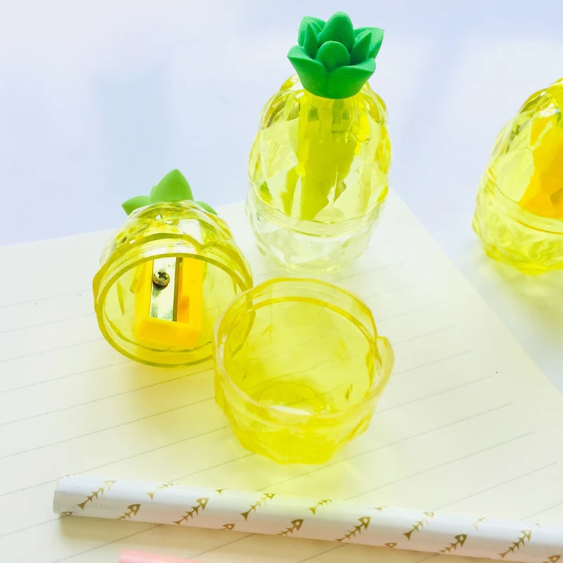 

1X Cute Clear Yellow Pineapple Pencil Sharpener With Eraser For Pencils School Student Stationery Decoration