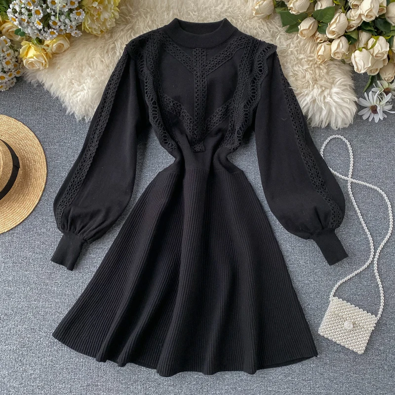 HISUMA, весна-осень, новинка, женское вязаное платье с круглым вырезом и рукавами-фонариками, с кружевом, а-силуэт, женское элегантное платье-свитер феи - Цвет: Черный