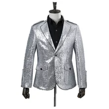 Модные серебряные блестки стоячий воротник мужские костюмы пиджак мужской Tid певец ночной клуб ведущий бар сценический DJ костюм Блейзер костюм
