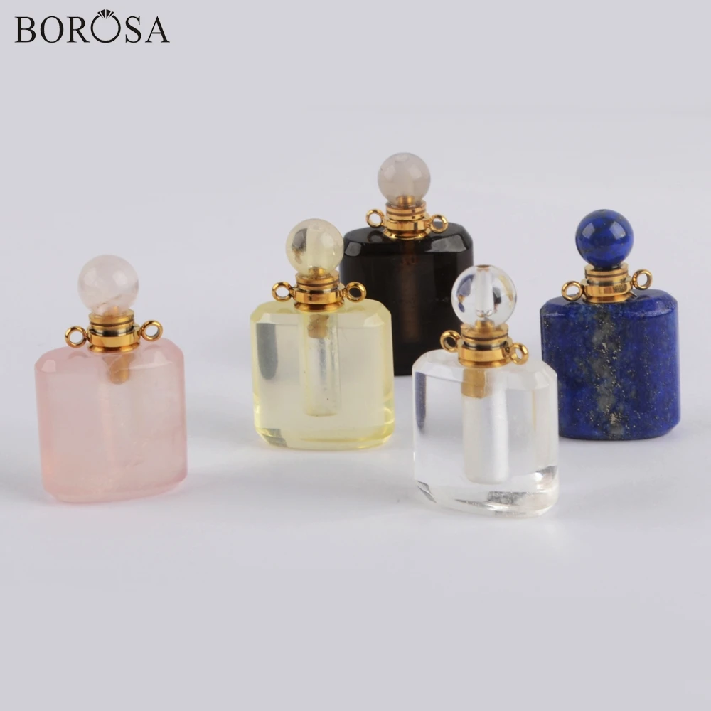 

BOROSA Design 3Pcs Gild Lapis Multi Kind Natural Stones Perfume Bottle Rose White Quartz Connector Jewelry for Necklace WX1188