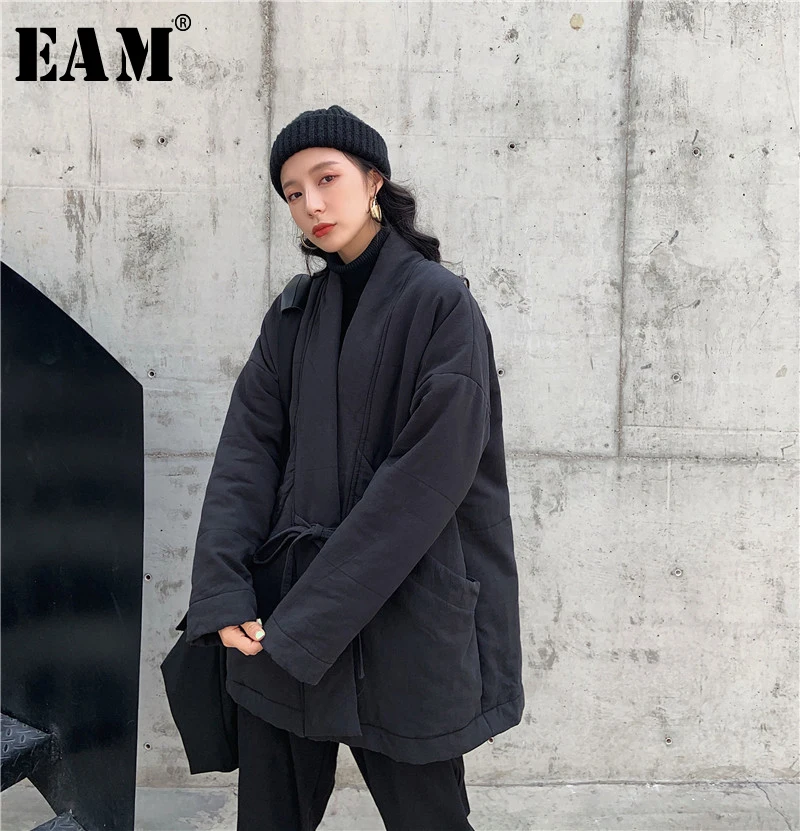 

[EAM] Bandage Oversized Warm Cotton-padded Coat Long Sleeve Loose Fit Women Parkas Fashion Tide New Autumn Winter 2020 1K812