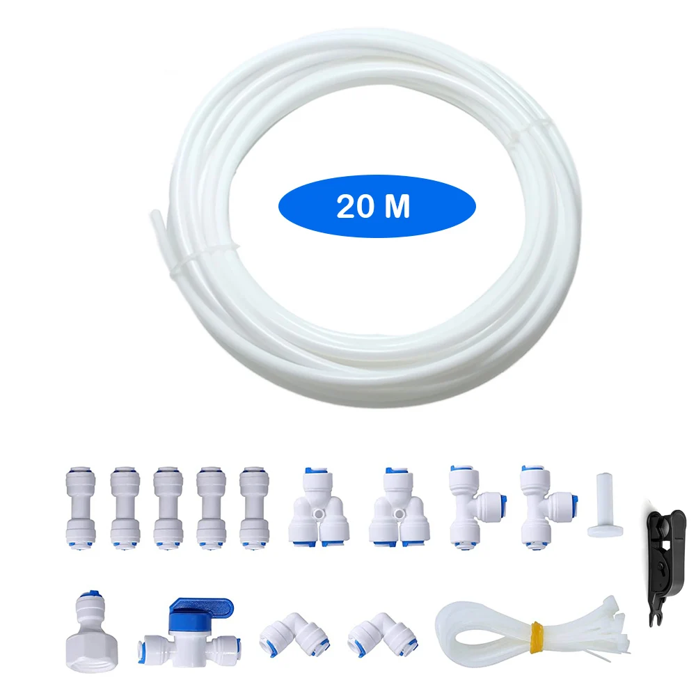 1/4" O.D. RO Water Filter Tube Fitting 20M Tube+Plastic Push Fit Quick Connect for Water Lines Fridge/Ice Maker Installation Kit 