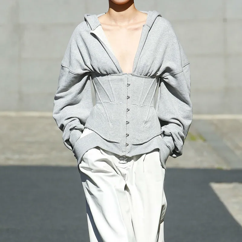 

TVVOVVIN New Apring Autumn 2019 European Style Full Lantern Sleeve Zip-up Button Sith Hooded Collar Women Swertershirt C578