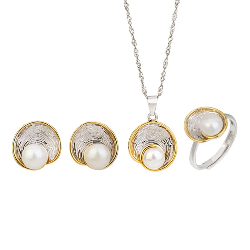 Set MeiBaPJ, настоящее 925 пробы, серебро, спиральная форма, Модный Ювелирный Набор, натуральный жемчуг, подвеска, кольцо, серьги, свадебные ювелирные изделия для женщин - Цвет камня: Set