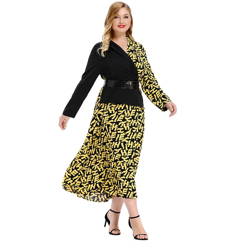 

Fashion Women Plus Size Casual V Neck Irregular Asymmetric Stitching Long sleeve Letter Print High Waist Belt Maxi Party Dress