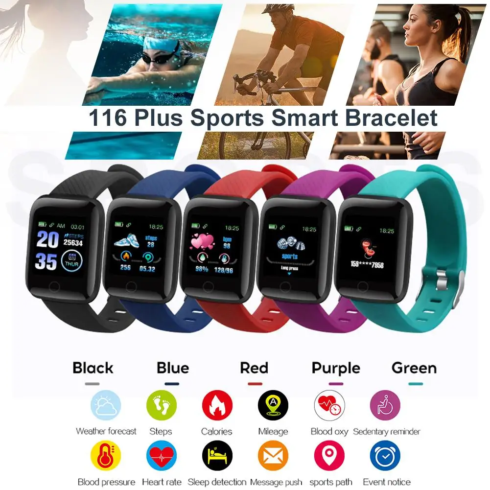 

116 Plus Sports Fitness Tracker Heart Rate Blood Pressure Calorie Monitor Watch Health Wristband ECG Detection Smart Bracelet