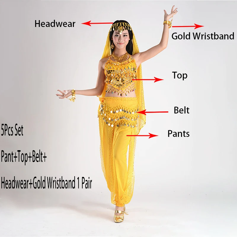 Костюмы для танца живота для продажи, штаны для женщин, Болливуд, индийский Египетский танец живота, платье для танцев размера плюс, для взрослых женщин, индийская одежда - Цвет: Yellow 5pcs set